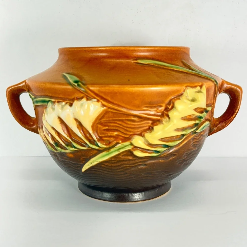 Vintage Roseville Freesia Vase 463-5 Brown‎ Double Handled Art Pottery 5